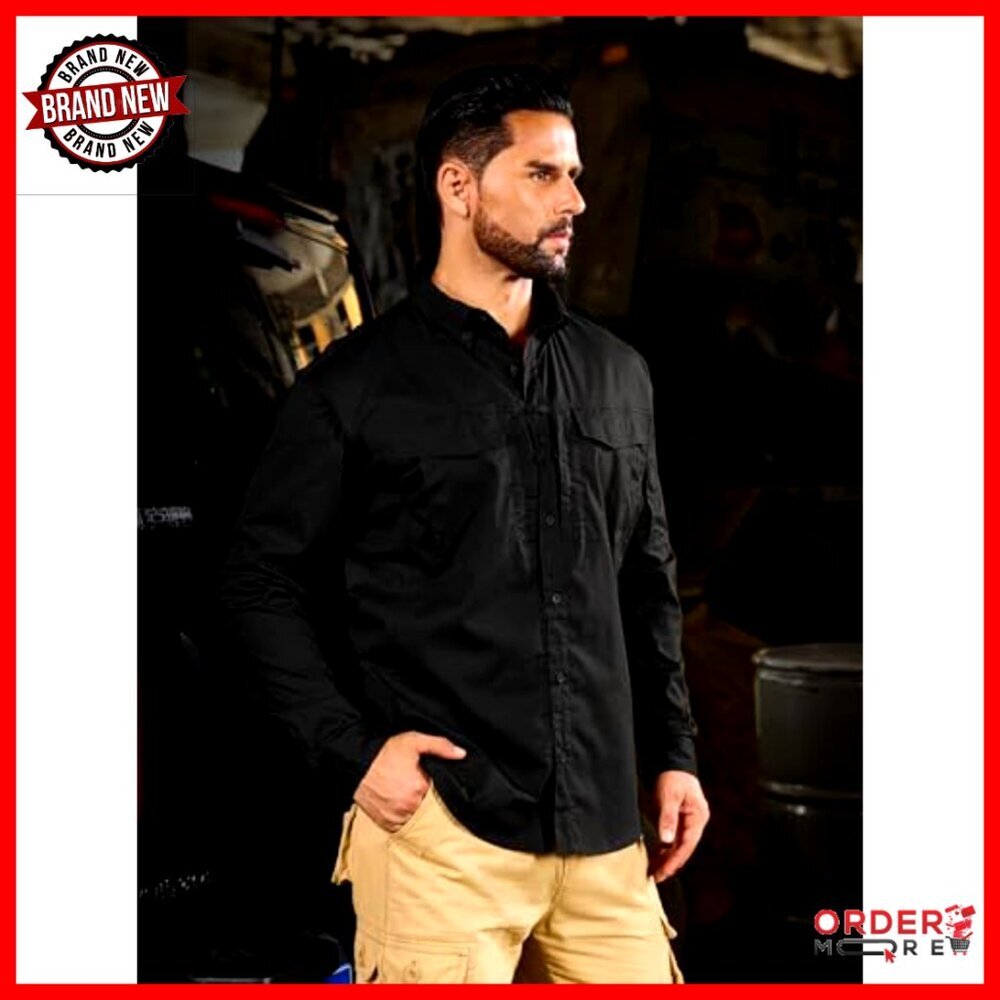 Men's Long Sleeve Tactical Button Down Shirt with Zipper Pockets - Picture 2 of 7